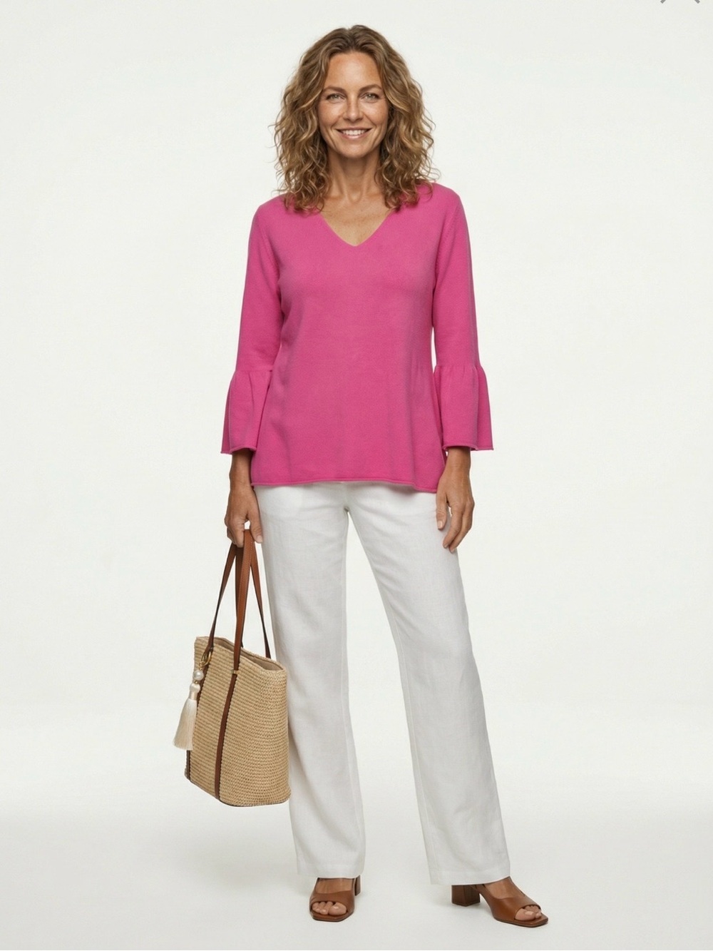 Susan Graver Fuchsia V-Neck Blouse with Ruffled Sleeves